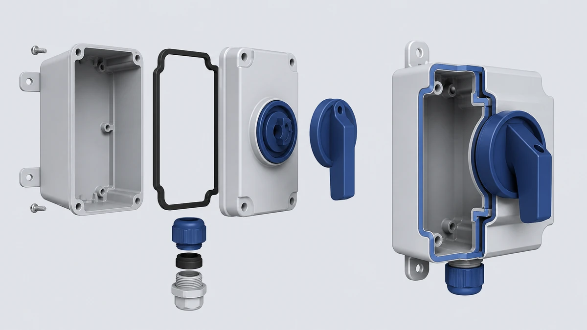 Technical anatomy view of an unbranded weatherproof isolator switch box showing relevant mounting and connection interfaces