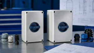 Unbranded weatherproof isolator switch box sample reviewed in an industrial engineering environment