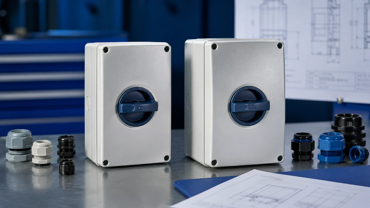 Unbranded weatherproof isolator switch box sample reviewed in an industrial engineering environment
