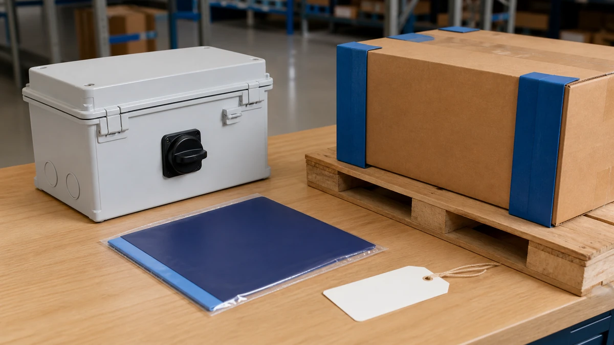 Unbranded weatherproof isolator switch box sample, document folder and protective export packing prepared for handover