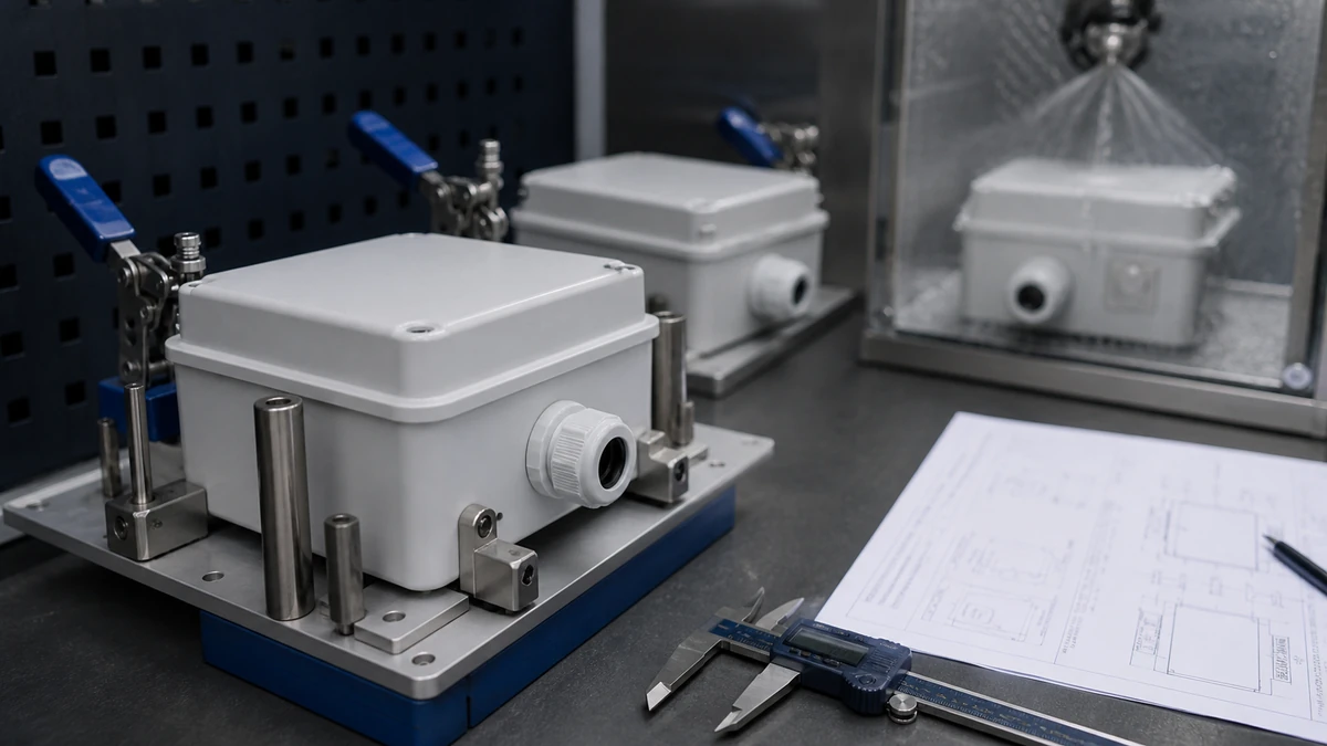 Unbranded weatherproof isolator switch box sample at a quality-control inspection bench with non-readable drawing and measuring tools