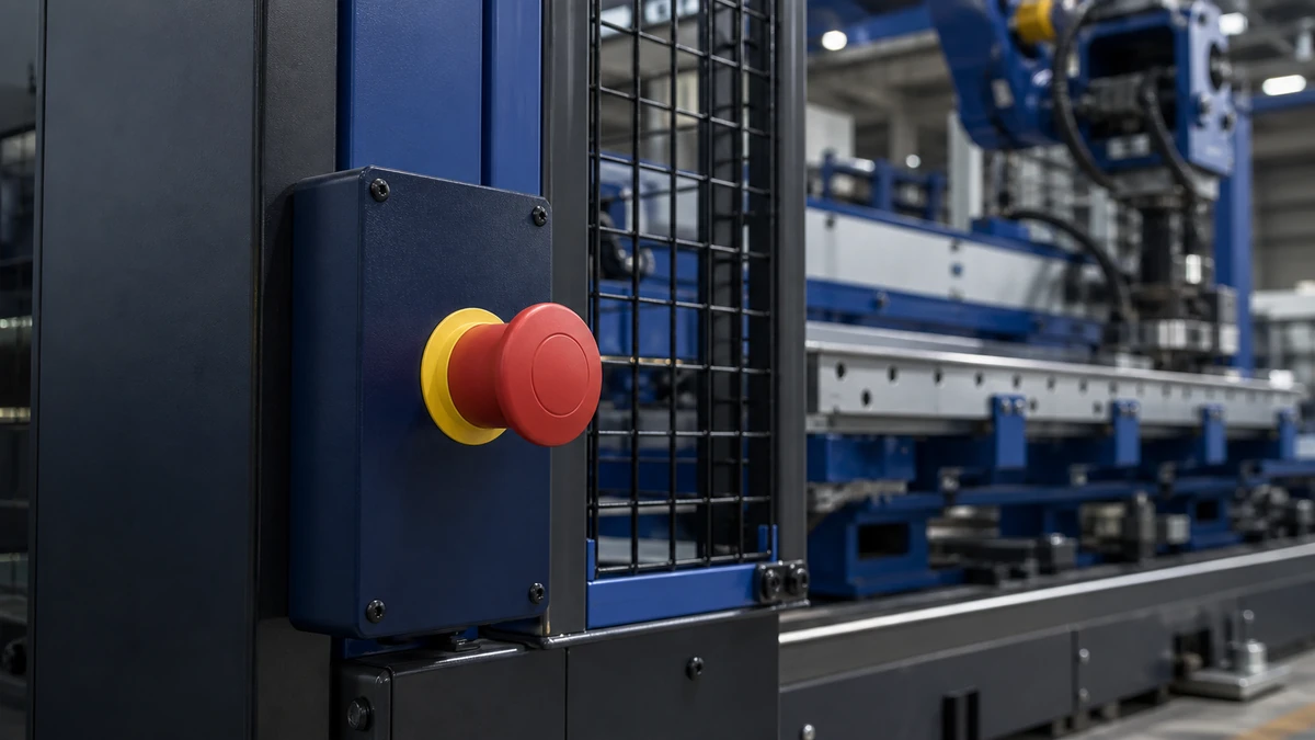 Unbranded push button, selector switch or emergency-stop operator used in a realistic industrial application context