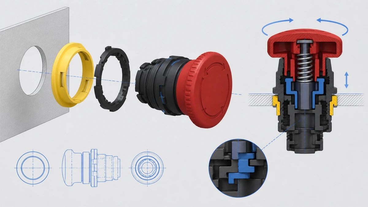 Technical anatomy view of an unbranded push button, selector switch or emergency-stop operator showing relevant mounting and connection interfaces