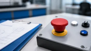 Unbranded push button, selector switch or emergency-stop operator sample reviewed in an industrial engineering environment
