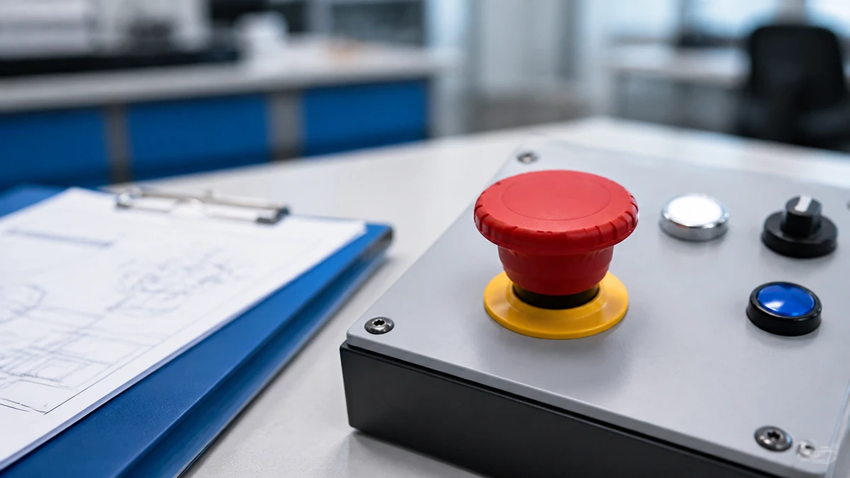 Unbranded push button, selector switch or emergency-stop operator sample reviewed in an industrial engineering environment