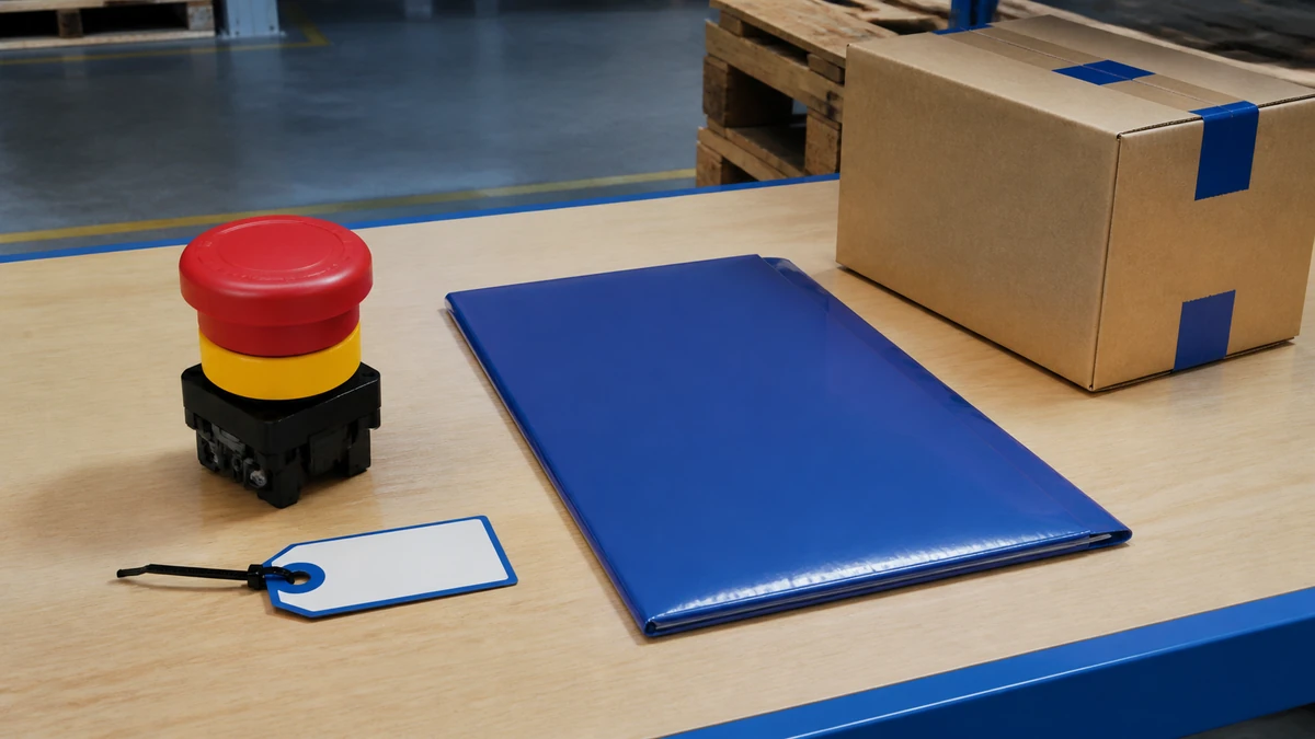 Unbranded push button, selector switch or emergency-stop operator sample, document folder and protective export packing prepared for handover