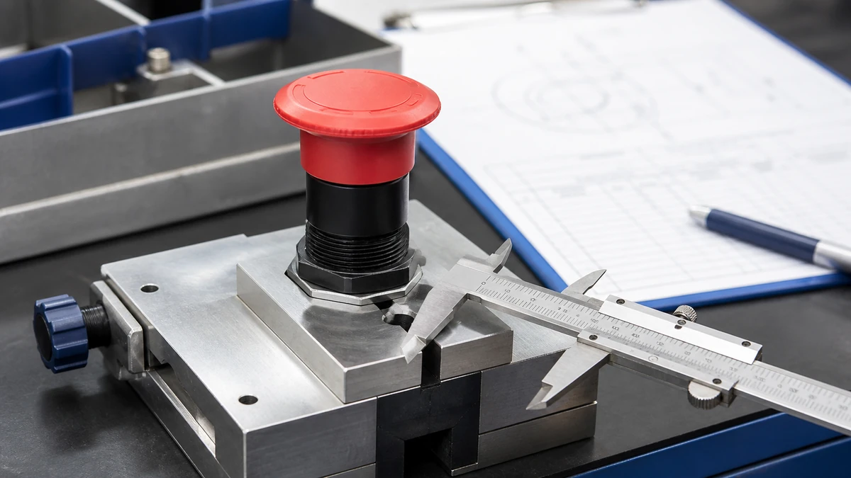 Unbranded push button, selector switch or emergency-stop operator sample at a quality-control inspection bench with non-readable drawing and measuring tools