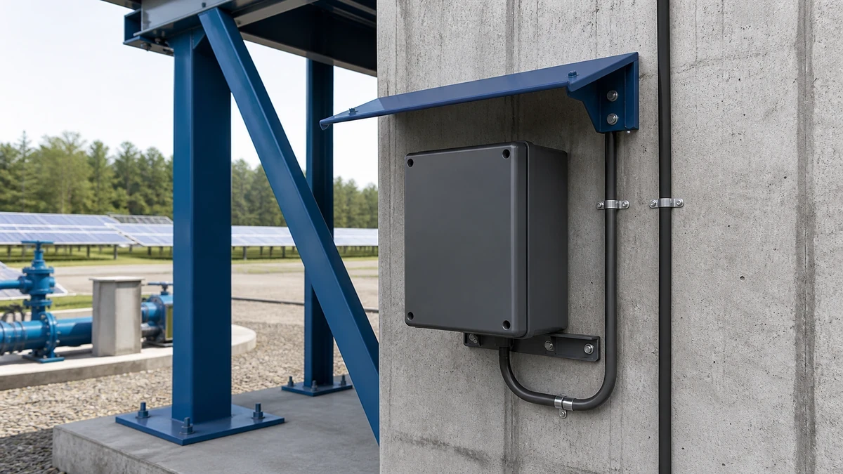 Unbranded weatherproof isolator switch box used in a realistic industrial application context