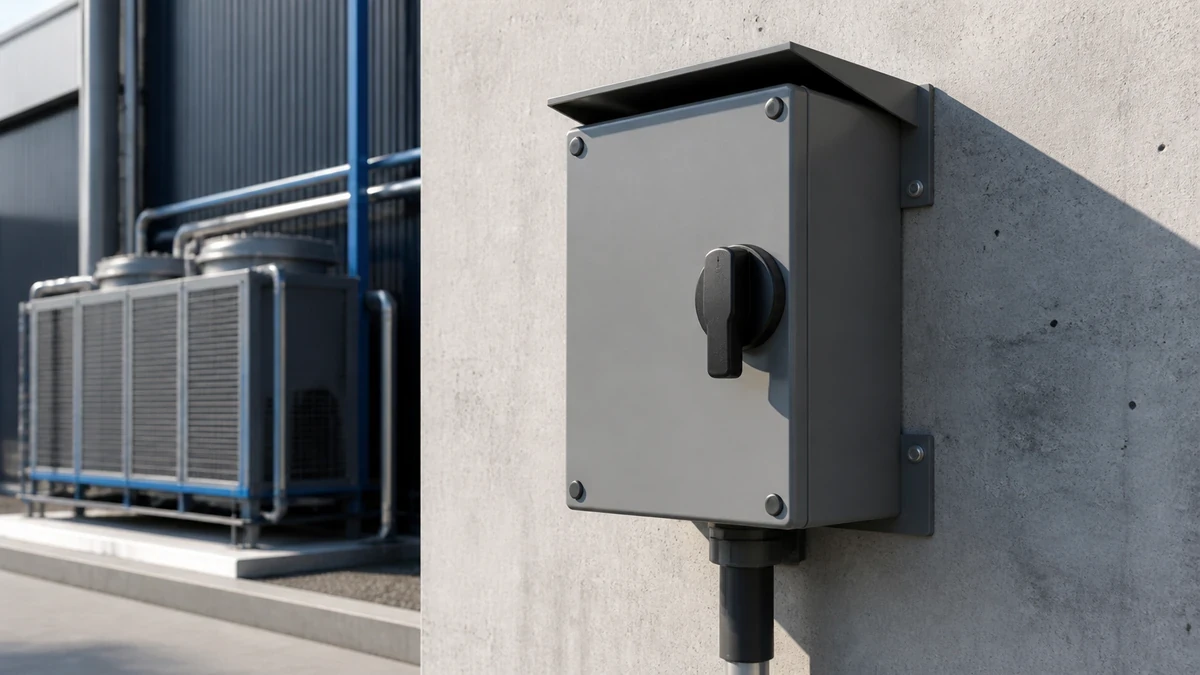 Unbranded weatherproof isolator switch box sample reviewed in an industrial engineering environment