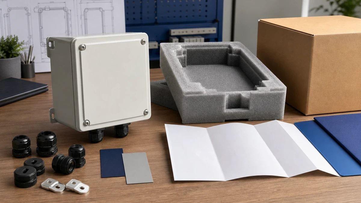 Unbranded weatherproof isolator switch box sample, document folder and protective export packing prepared for handover