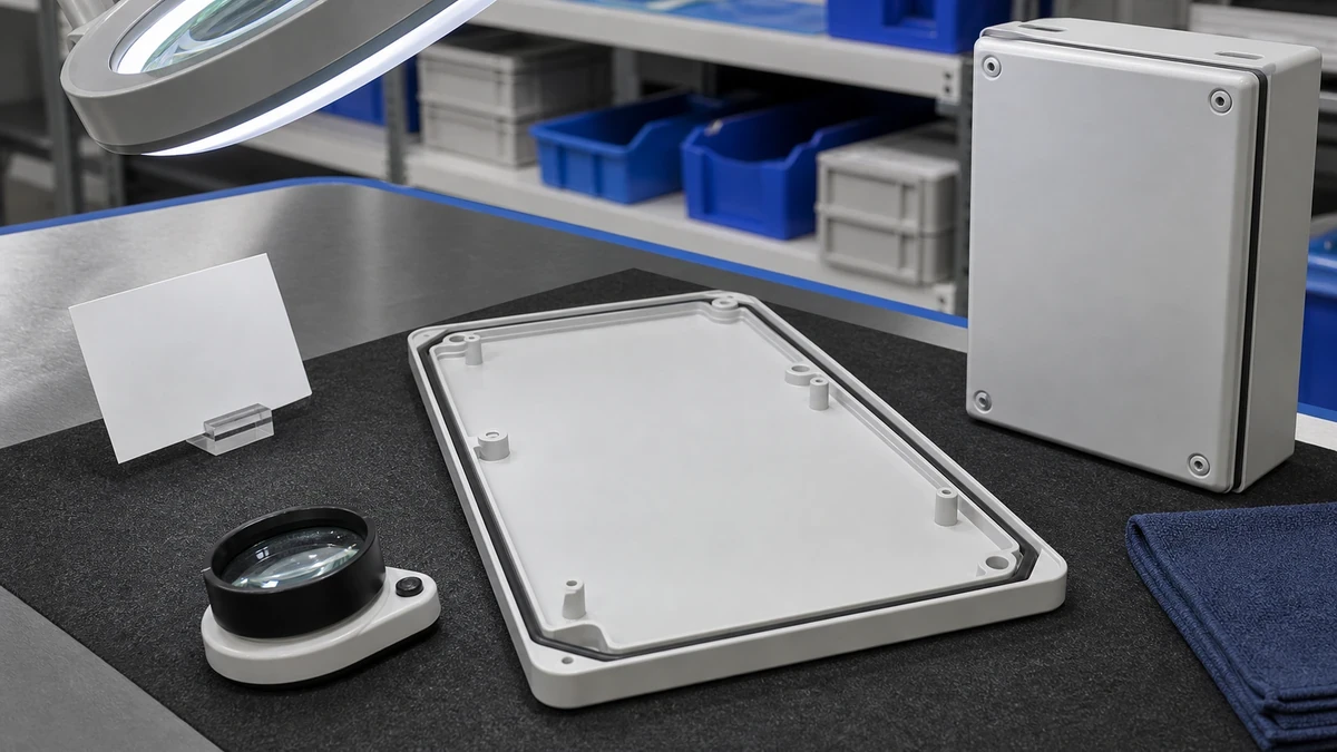 Unbranded weatherproof isolator switch box sample at a quality-control inspection bench with non-readable drawing and measuring tools