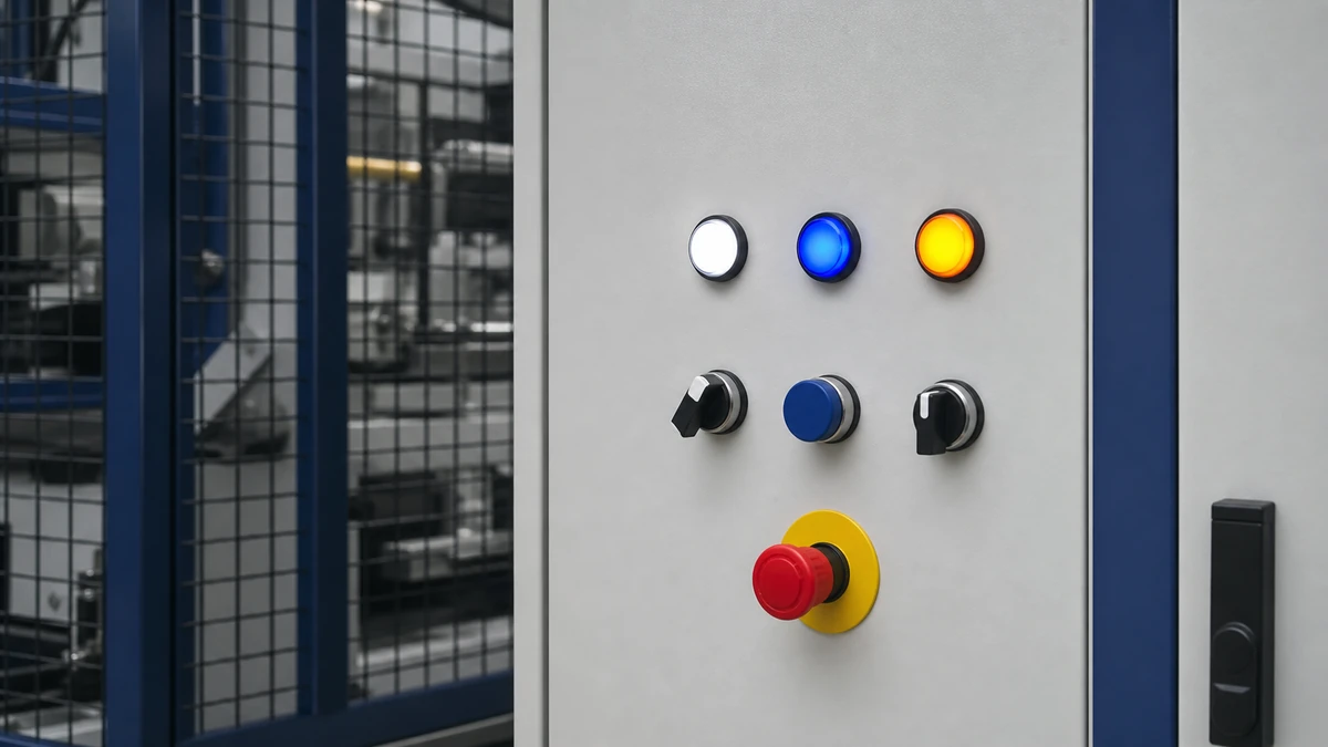 Unbranded push button, selector switch or emergency-stop operator used in a realistic industrial application context