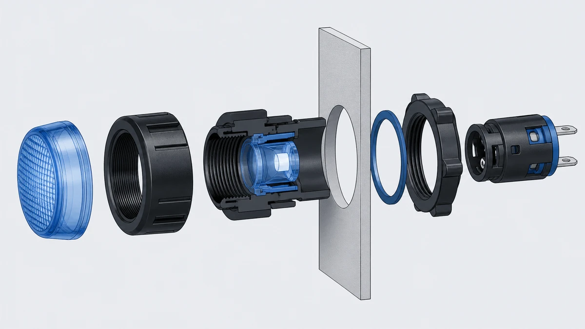 Technical anatomy view of an unbranded push button, selector switch or emergency-stop operator showing relevant mounting and connection interfaces