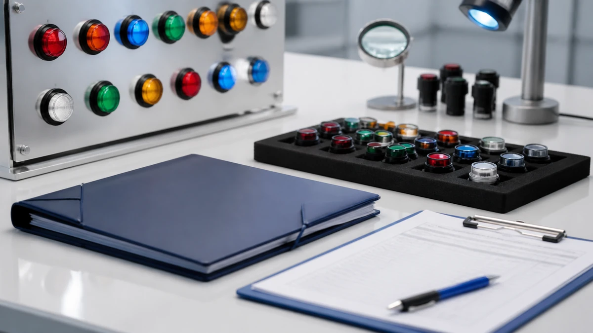 Unbranded push button, selector switch or emergency-stop operator sample reviewed in an industrial engineering environment