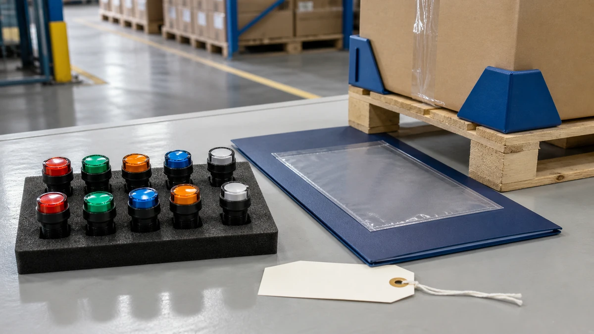 Unbranded push button, selector switch or emergency-stop operator sample, document folder and protective export packing prepared for handover