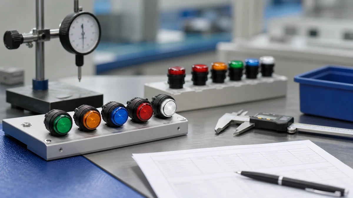 Unbranded push button, selector switch or emergency-stop operator sample at a quality-control inspection bench with non-readable drawing and measuring tools
