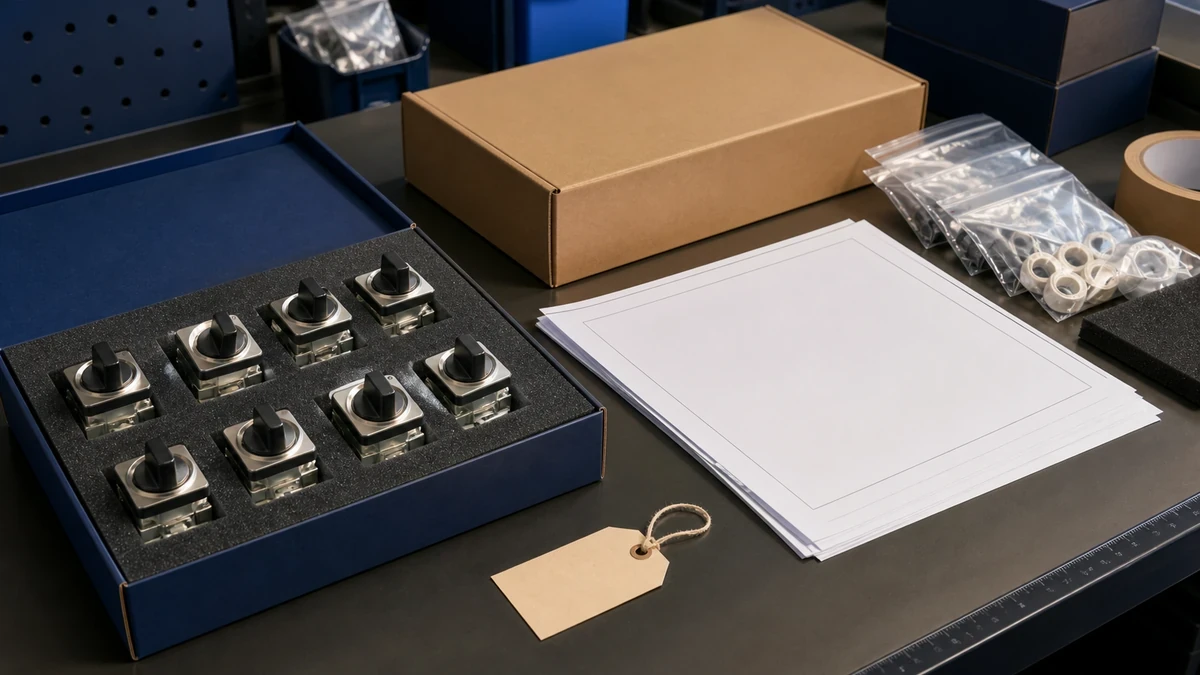 Unbranded industrial control component portfolio sample, document folder and protective export packing prepared for handover