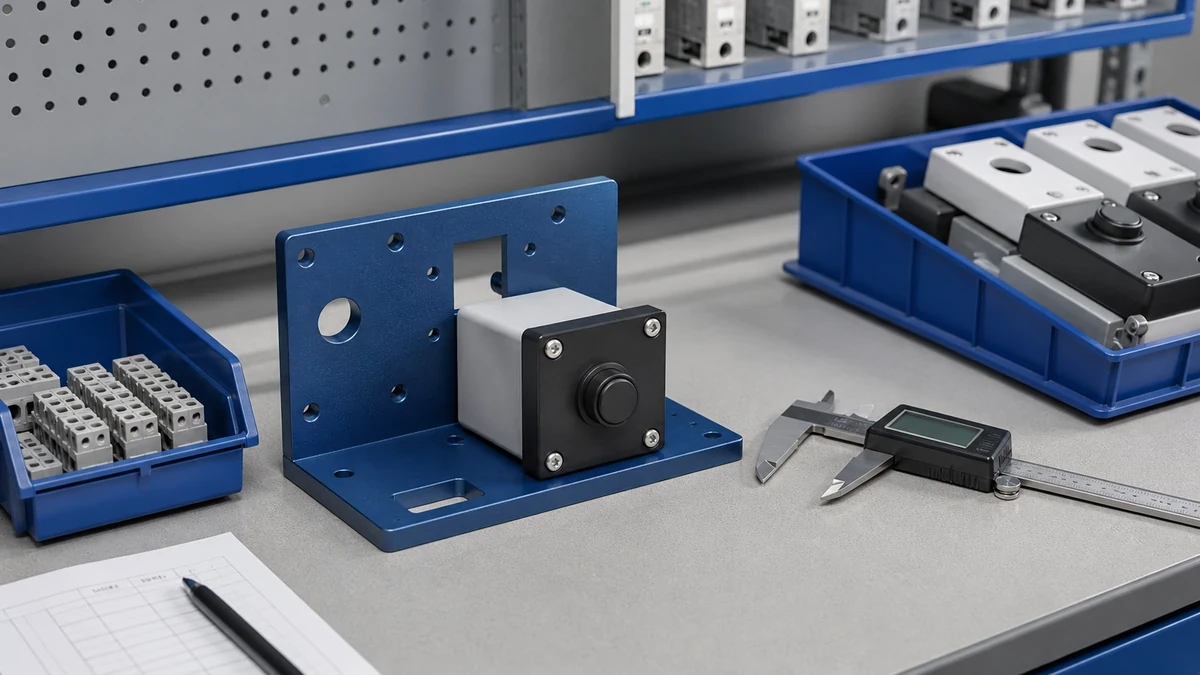 Unbranded industrial control component portfolio sample at a quality-control inspection bench with non-readable drawing and measuring tools