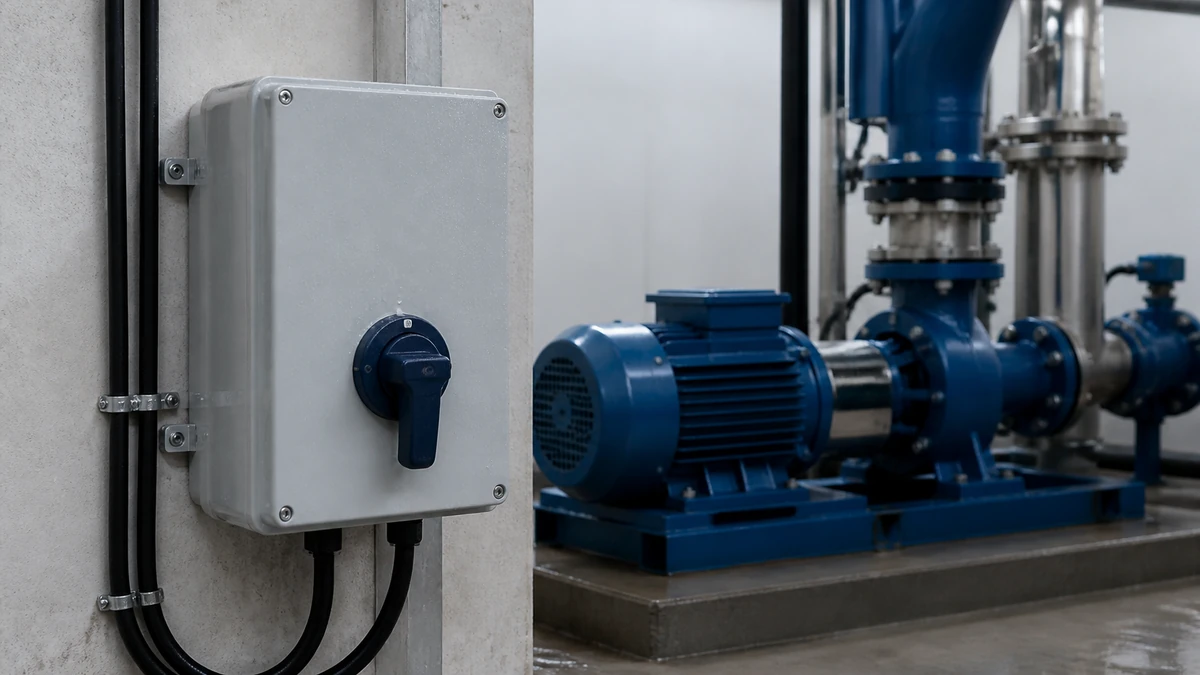 Unbranded weatherproof isolator switch box used in a realistic industrial application context