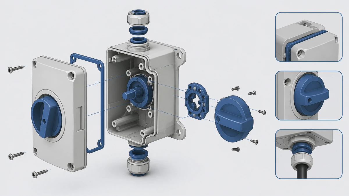 Technical anatomy view of an unbranded weatherproof isolator switch box showing relevant mounting and connection interfaces
