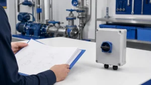 Unbranded weatherproof isolator switch box sample reviewed in an industrial engineering environment