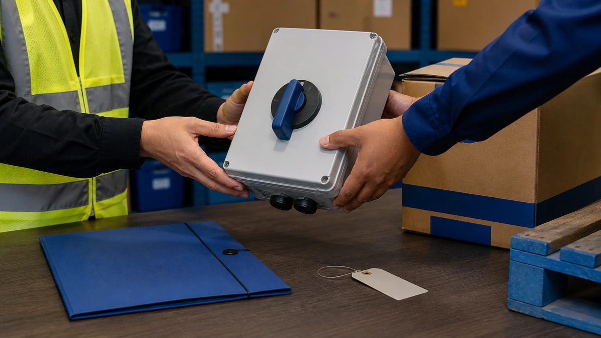 Unbranded weatherproof isolator switch box sample, document folder and protective export packing prepared for handover
