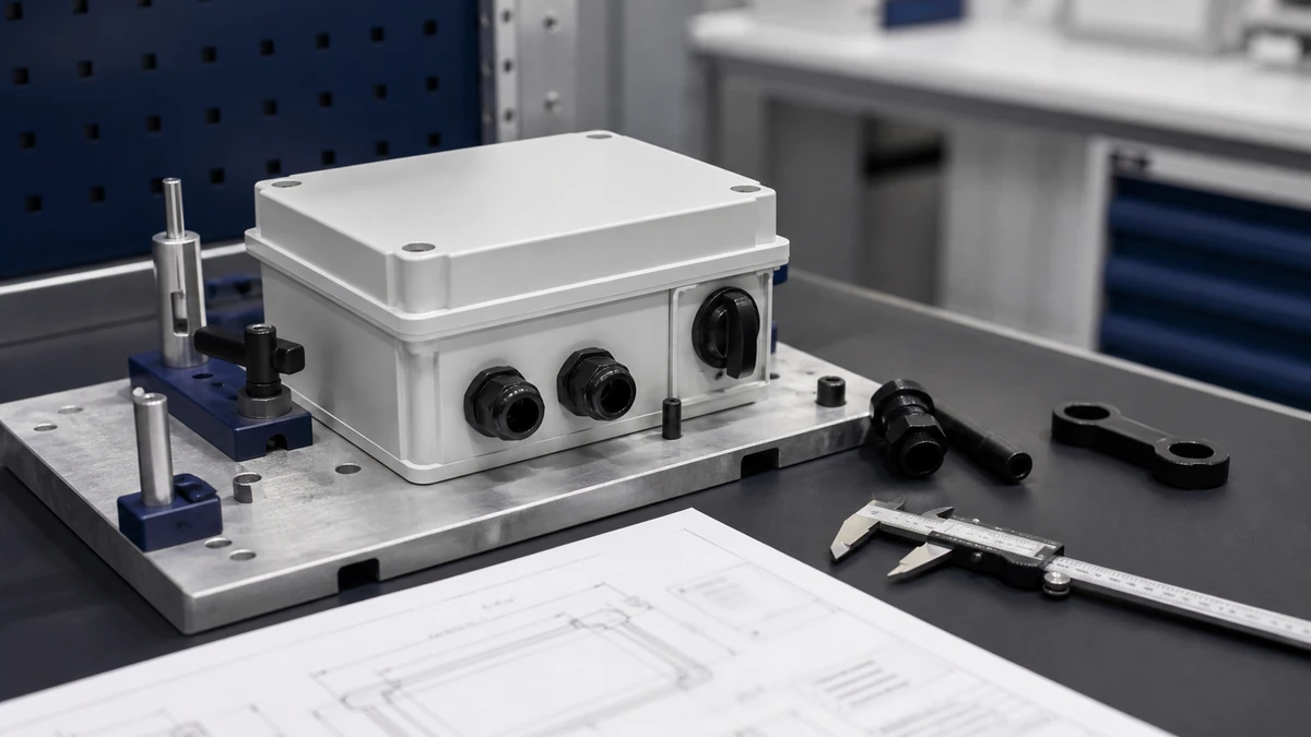 Unbranded weatherproof isolator switch box sample at a quality-control inspection bench with non-readable drawing and measuring tools