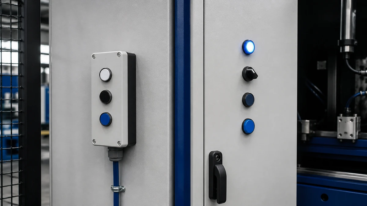 Unbranded push button, selector switch or emergency-stop operator used in a realistic industrial application context