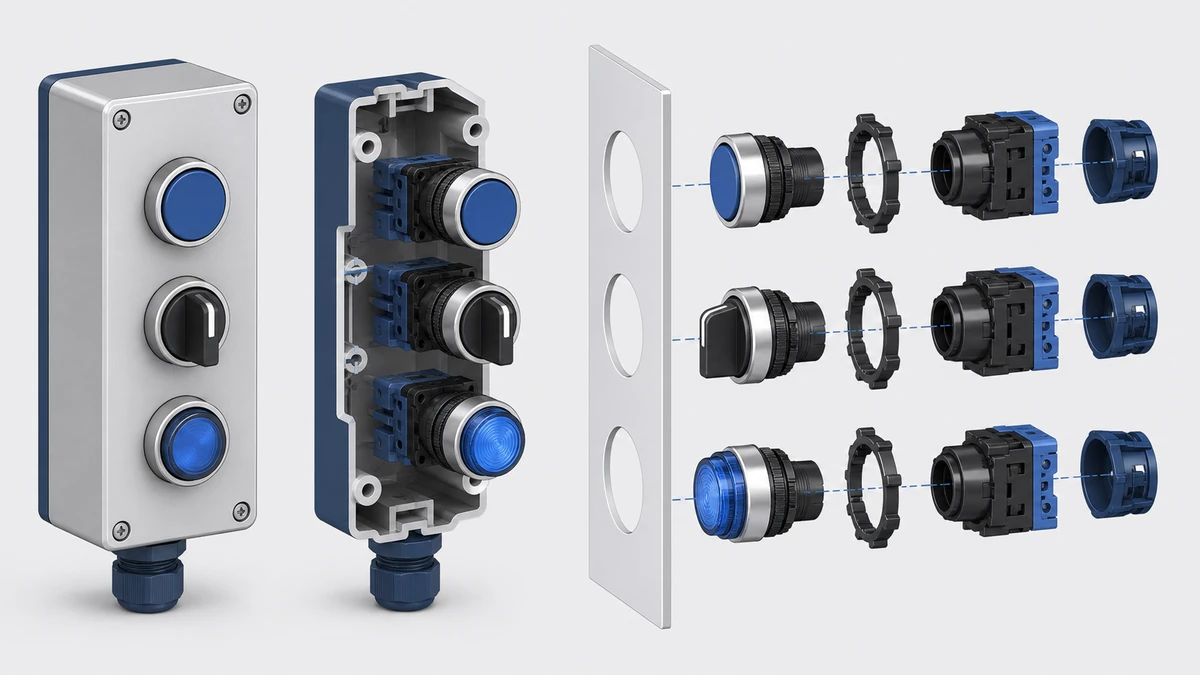 Technical anatomy view of an unbranded push button, selector switch or emergency-stop operator showing relevant mounting and connection interfaces