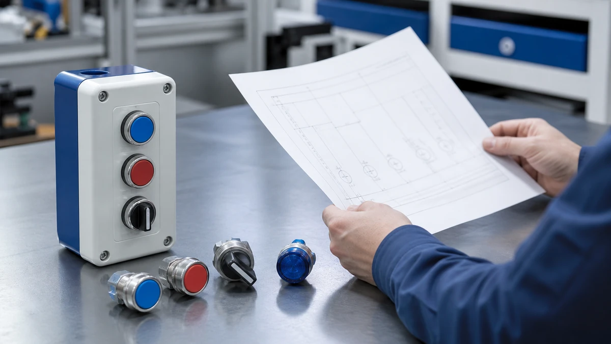 Unbranded push button, selector switch or emergency-stop operator sample reviewed in an industrial engineering environment