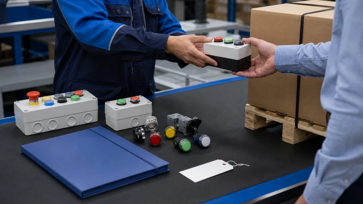 Unbranded push button, selector switch or emergency-stop operator sample, document folder and protective export packing prepared for handover