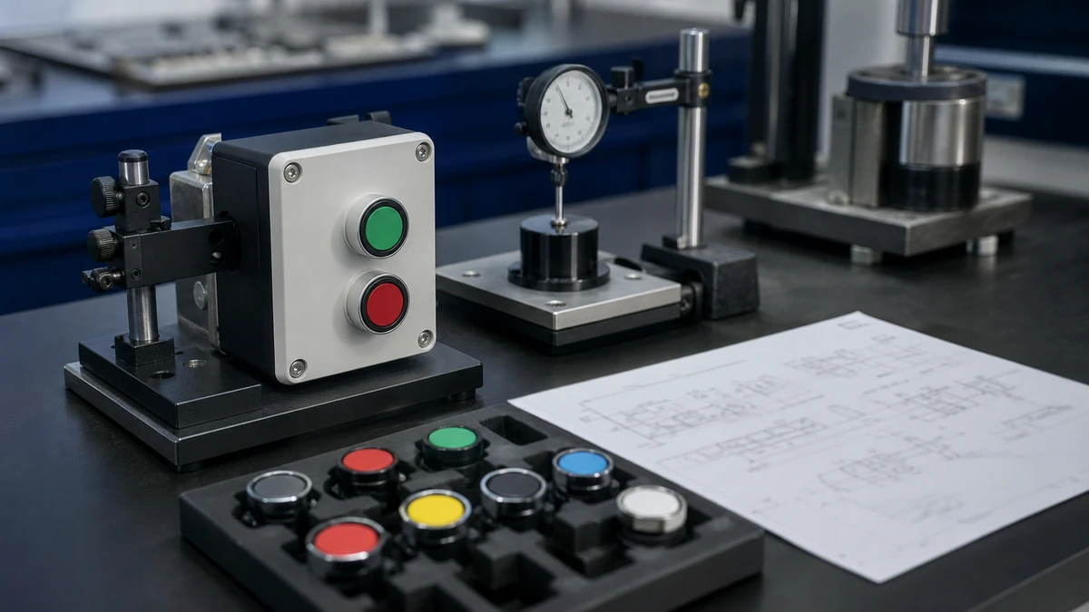 Unbranded push button, selector switch or emergency-stop operator sample at a quality-control inspection bench with non-readable drawing and measuring tools