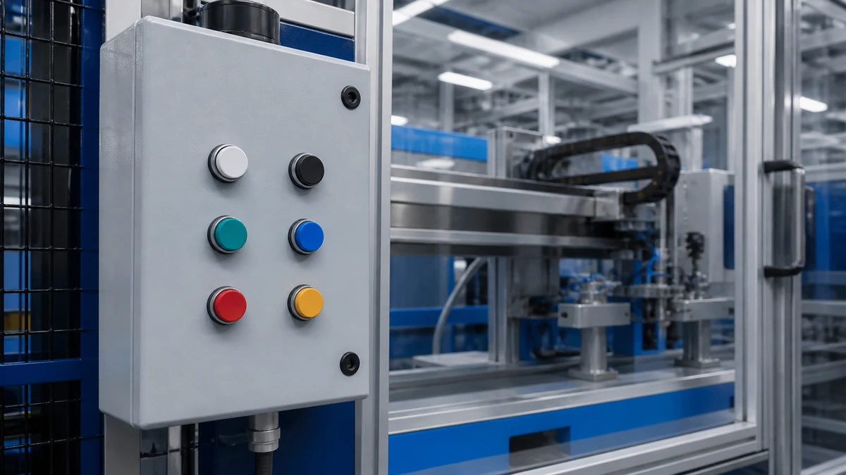 Unbranded push button, selector switch or emergency-stop operator used in a realistic industrial application context
