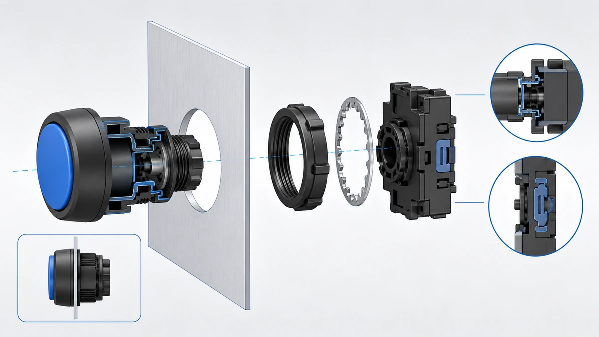 Technical anatomy view of an unbranded push button, selector switch or emergency-stop operator showing relevant mounting and connection interfaces