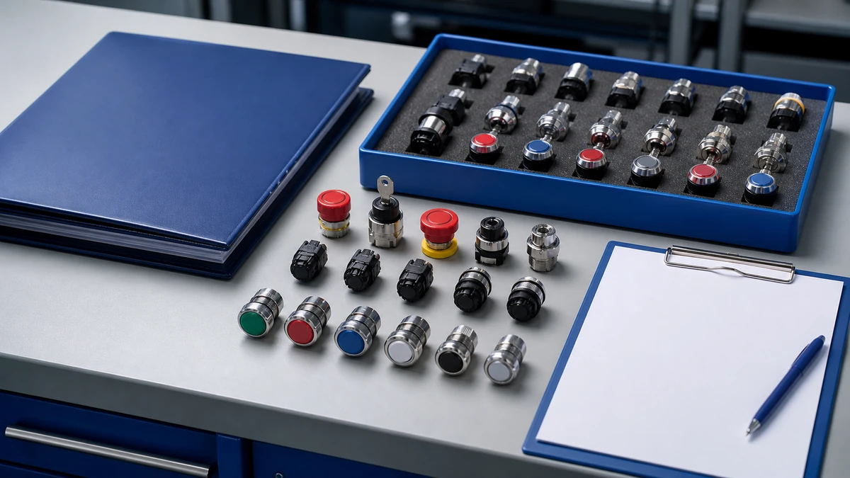 Unbranded push button, selector switch or emergency-stop operator sample reviewed in an industrial engineering environment