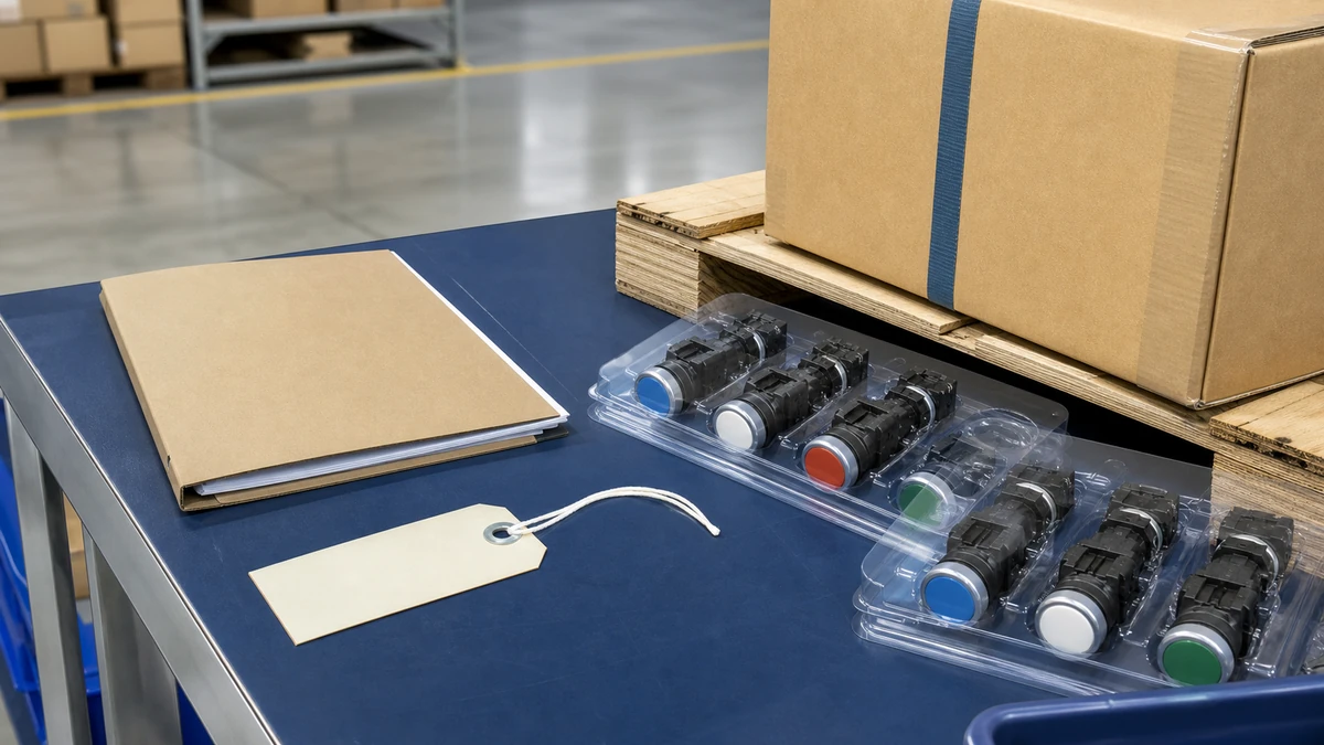 Unbranded push button, selector switch or emergency-stop operator sample, document folder and protective export packing prepared for handover