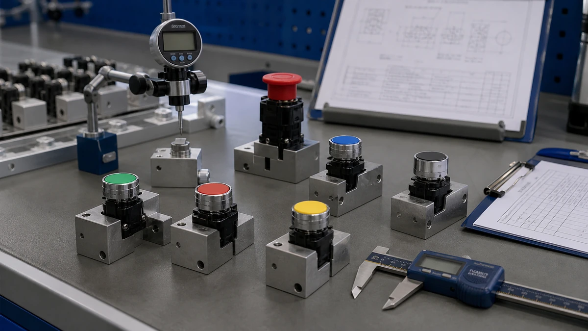 Unbranded push button, selector switch or emergency-stop operator sample at a quality-control inspection bench with non-readable drawing and measuring tools
