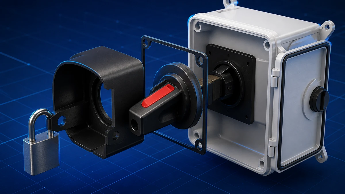 Technical anatomy view of an unbranded PV DC isolator switch showing relevant mounting and connection interfaces