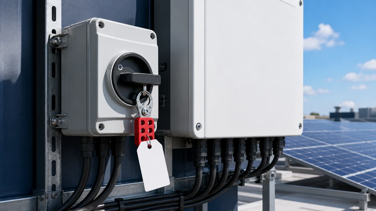Unbranded PV DC isolator switch sample reviewed in an industrial engineering environment