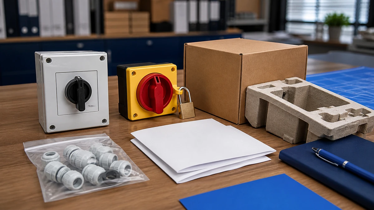 Unbranded PV DC isolator switch sample, document folder and protective export packing prepared for handover