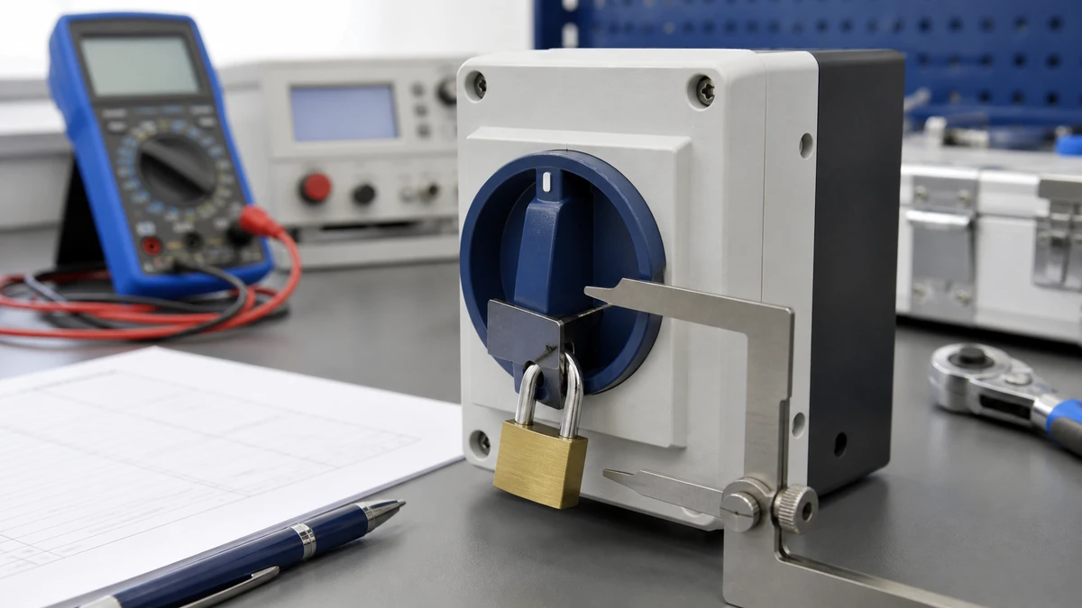 Unbranded PV DC isolator switch sample at a quality-control inspection bench with non-readable drawing and measuring tools