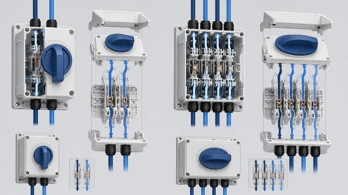 Technical anatomy view of an unbranded PV DC isolator switch showing relevant mounting and connection interfaces