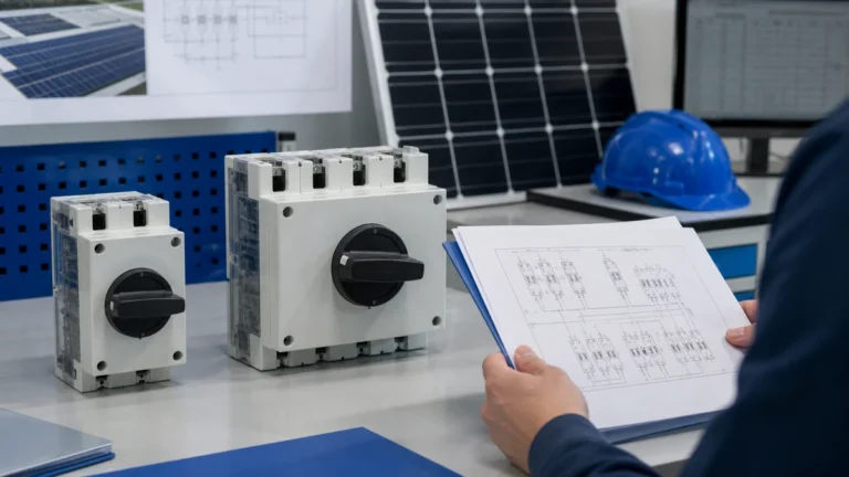 Unbranded PV DC isolator switch sample reviewed in an industrial engineering environment