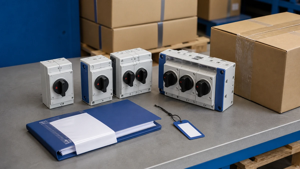 Unbranded PV DC isolator switch sample, document folder and protective export packing prepared for handover