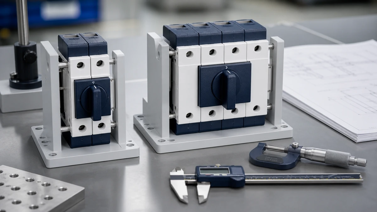 Unbranded PV DC isolator switch sample at a quality-control inspection bench with non-readable drawing and measuring tools