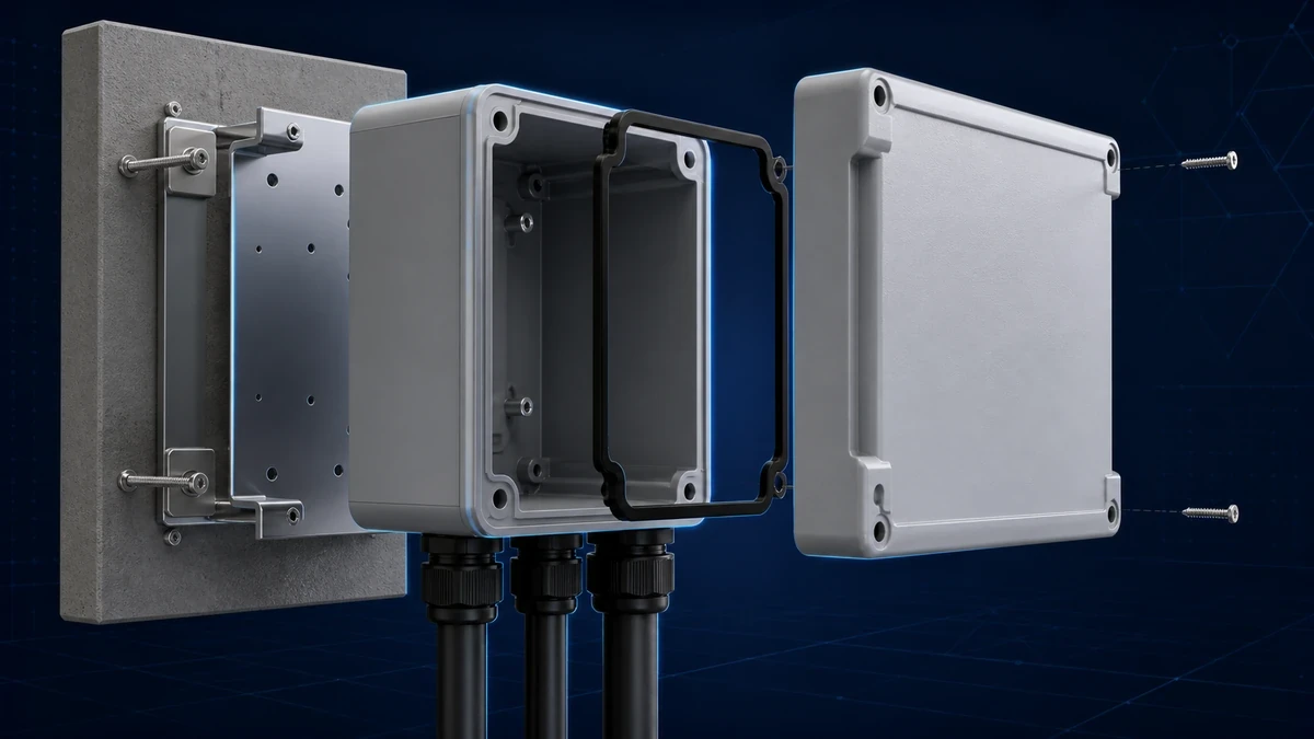 Technical anatomy view of an unbranded PV DC isolator switch showing relevant mounting and connection interfaces