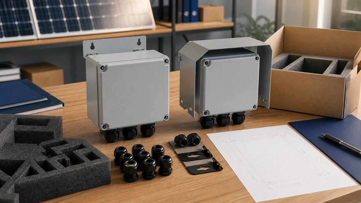 Unbranded PV DC isolator switch sample, document folder and protective export packing prepared for handover