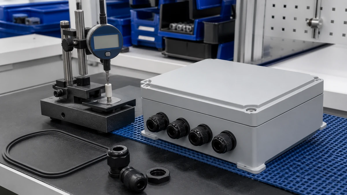 Unbranded PV DC isolator switch sample at a quality-control inspection bench with non-readable drawing and measuring tools