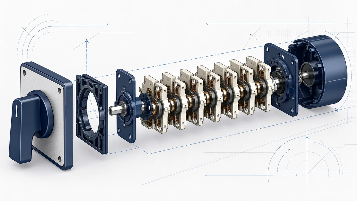 Technical anatomy view of an unbranded rotary cam switch showing relevant mounting and connection interfaces