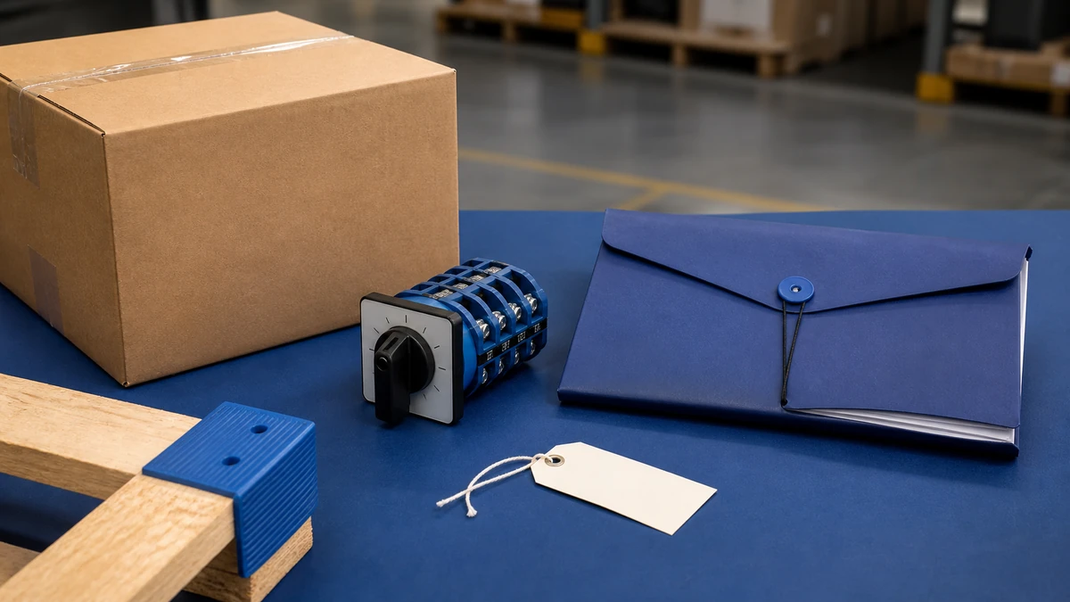 Unbranded rotary cam switch sample, document folder and protective export packing prepared for handover